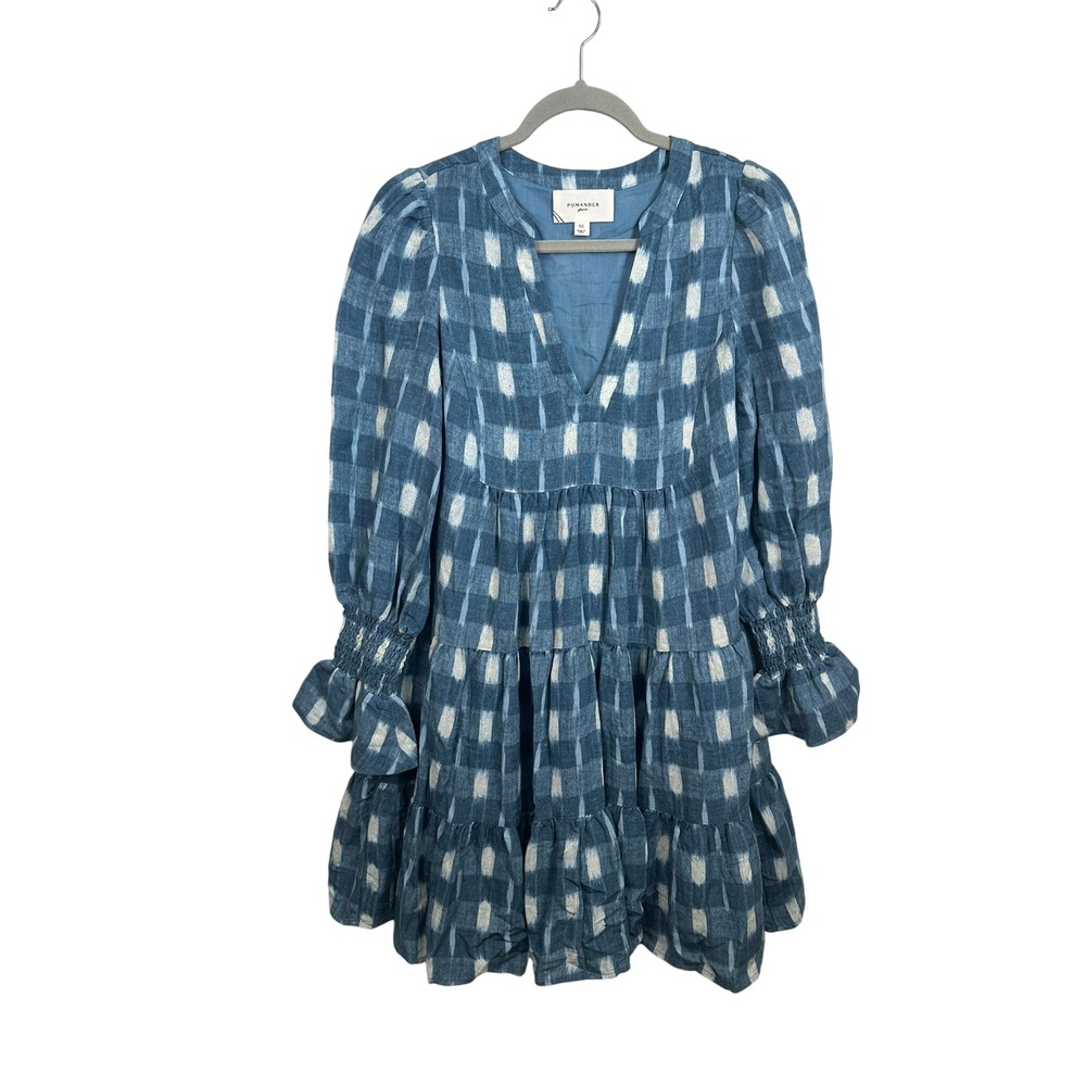Pomander Place Mini Dress Womens XS Blue Excellent Ikat Plaid Tiered Smocked